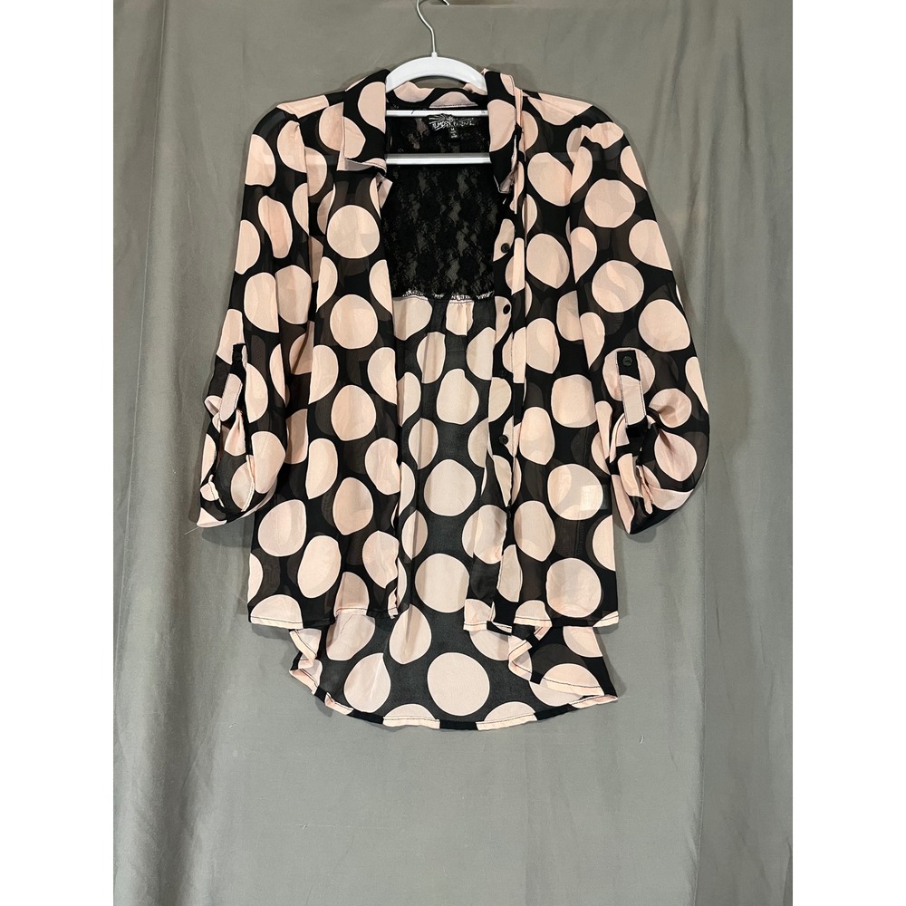 Almost Famous Womens‎ Polka Dot Lace Back Sheer Blouse Pink Black Medium